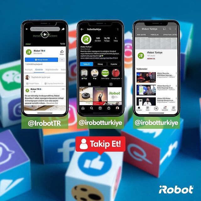 Ürünlerimiz hakkında tüm merak ettiklerinizi kaçırmamak için sosyal medya hesaplarımızı takip etmeyi unutmayın. 🤖🏃🏻‍♂️

Facebook: iRobot TR
Instagram: @irobotturkiye 
Youtube: irobotturkiye