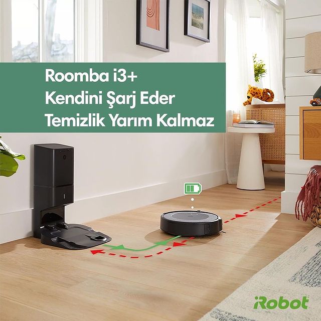Roomba® i3+ robot süpürge şarjı azaldığında istasyona dönüp şarj olur, ardından temizliğe kaldığı yerden devam eder. Temizlik yarım kalmaz. 💚🤖

#iRobot #Roomba #Roombai3Plus #Roombai3 #VaktinizSizeKalsın